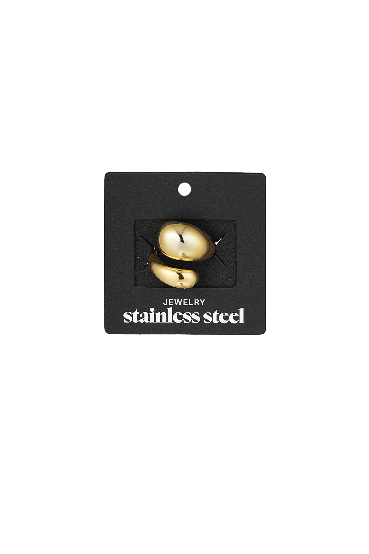 Gold sculptural ring displayed on black packaging card labelled 'Jewelry stainless steel'