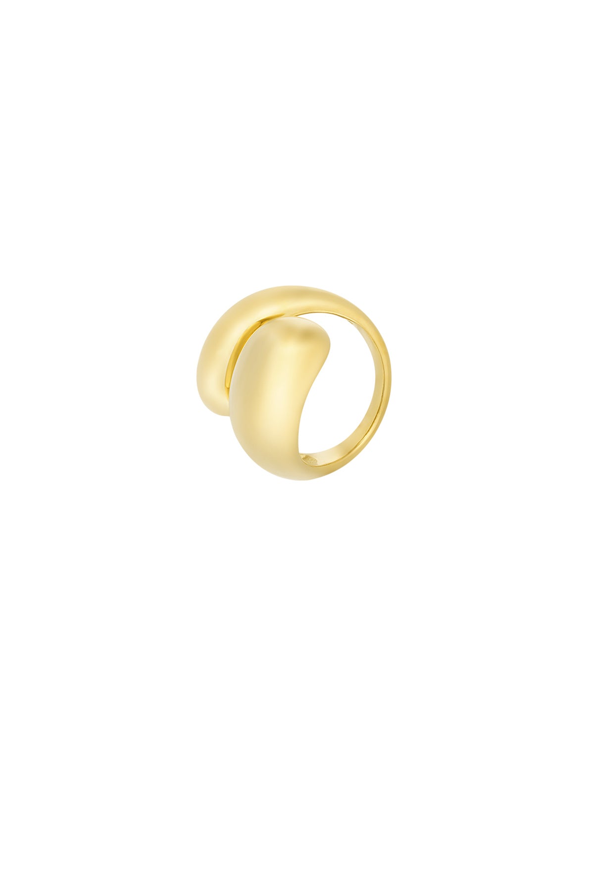 Close-up of a smooth gold sculptural open-ended ring on a white background