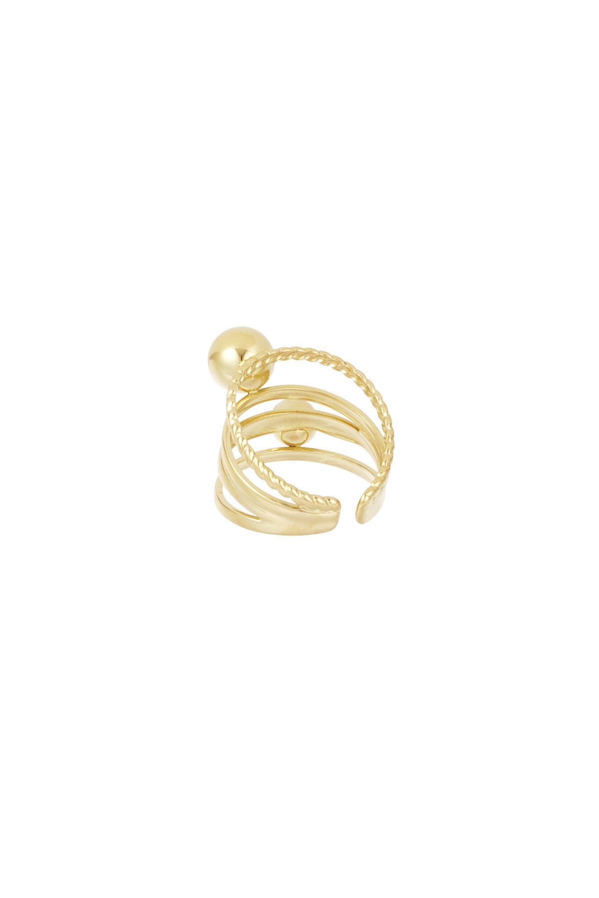 Back view of gold layered ring showing open-ended adjustable bands and polished spheres