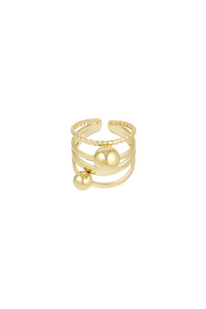 Close-up of gold layered statement ring with two polished spheres on white background