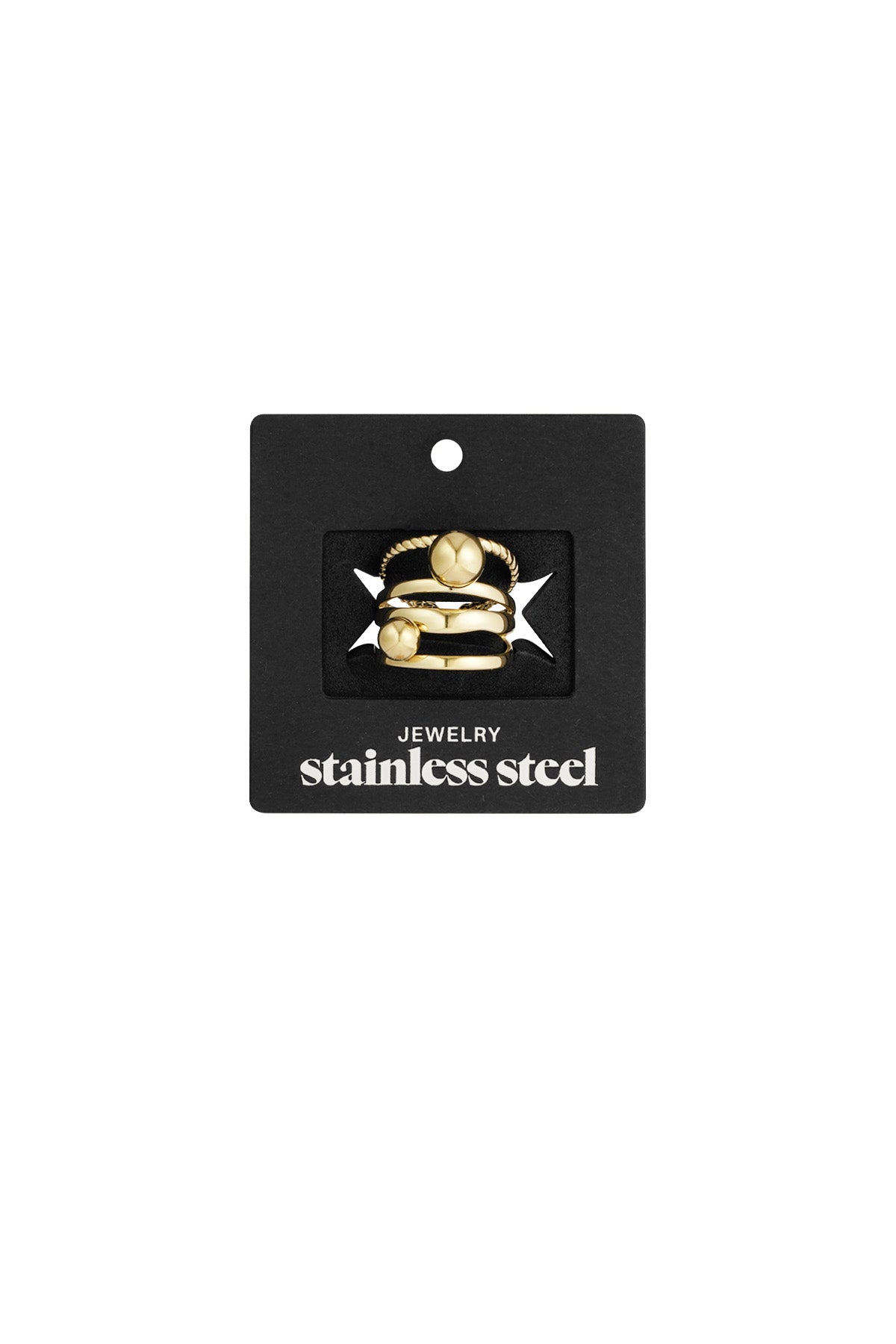 Gold layered statement ring displayed on black stainless steel jewellery card