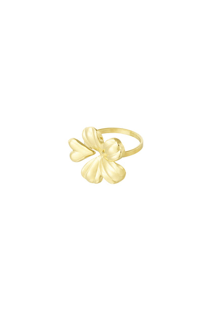 Gold floral statement ring with heart-shaped petals isolated on white background