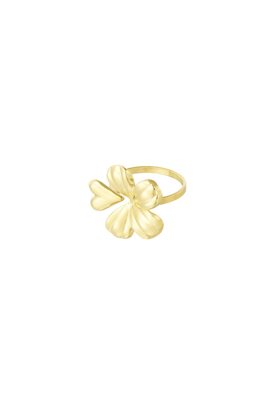 Gold floral statement ring with heart-shaped petals isolated on white background