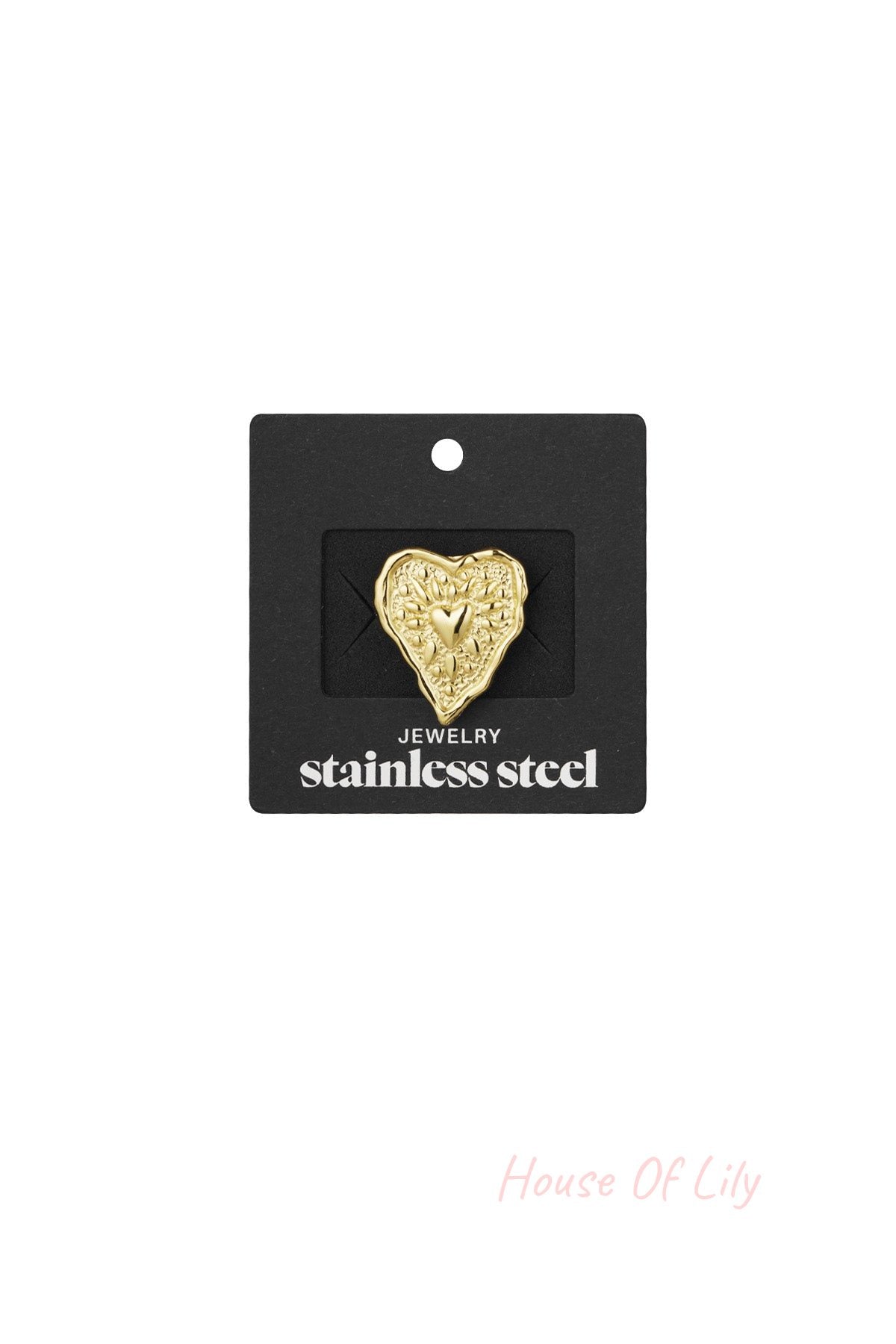 Gold wrinkled heart stainless steel ring displayed on black jewellery card with white text