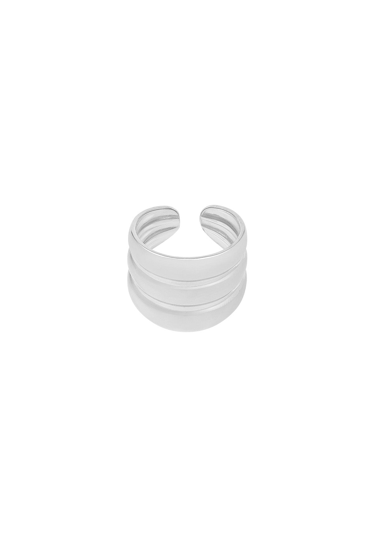 Silver three-layer adjustable statement ring on white background
