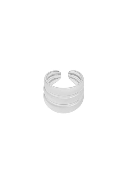 Silver three-layer adjustable statement ring on white background