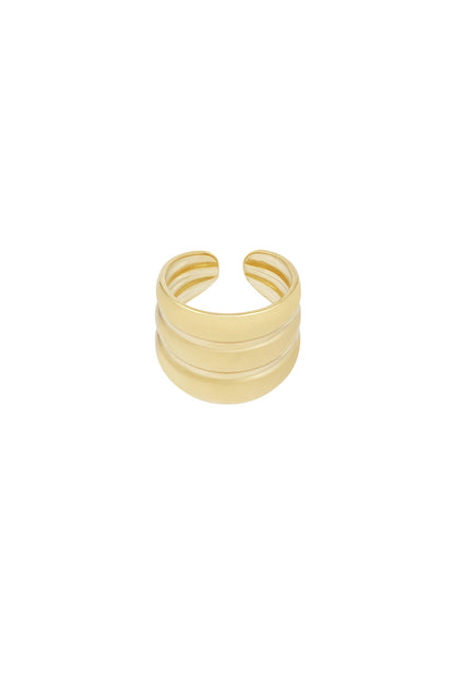 Gold finish three-layer adjustable statement ring on white background
