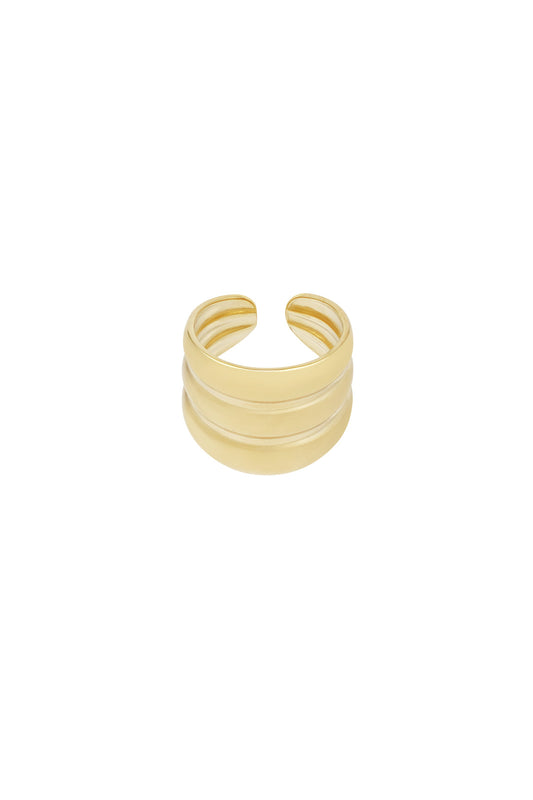 Gold finish three-layer adjustable statement ring on white background