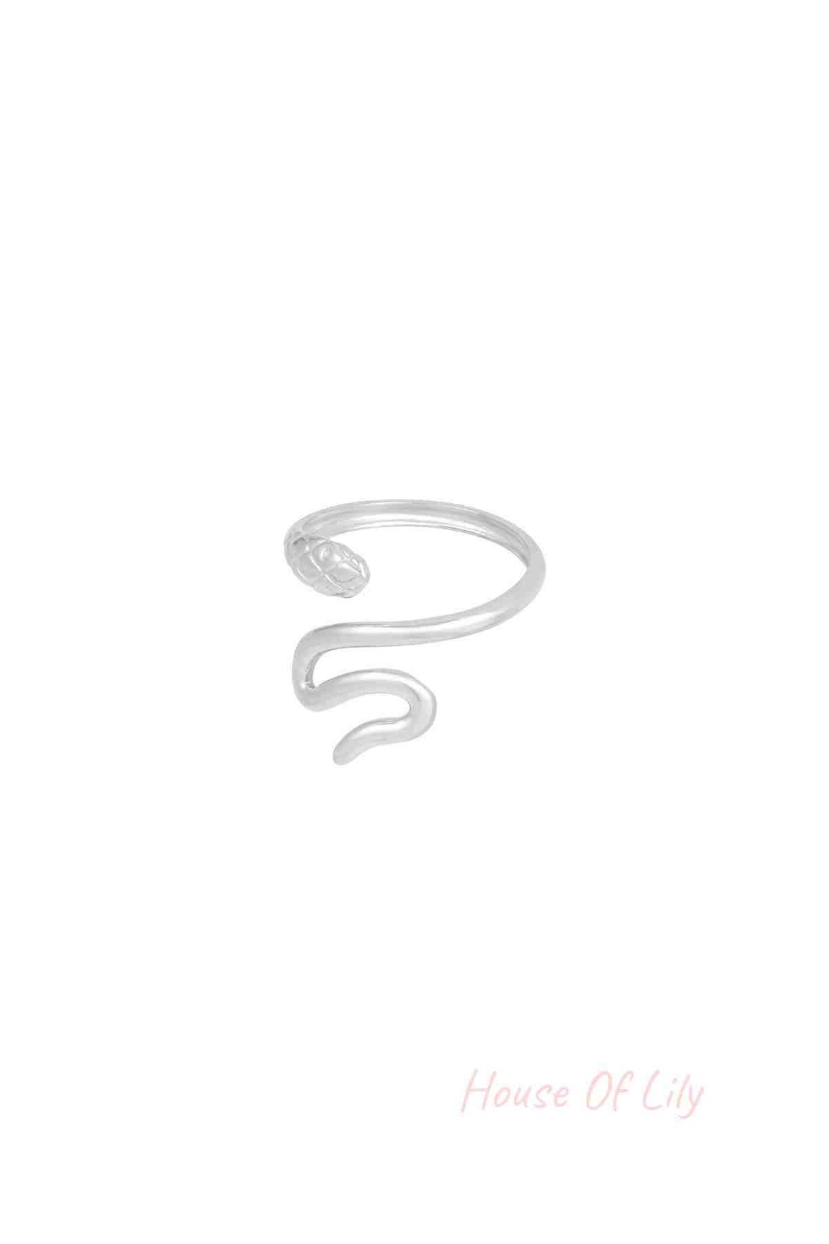 Alternative angle of silver snake ring showing smooth curves and textured snake head