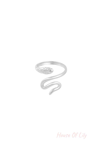 Silver snake statement ring with coiling design, isolated on white background