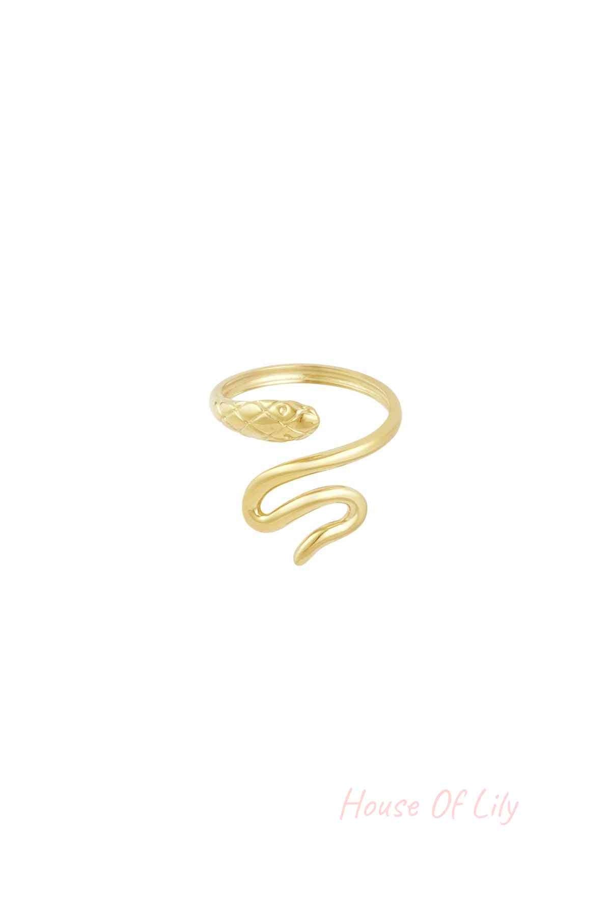 Gold snake statement ring isolated on white background displaying elegant snake motif and open adjustable band