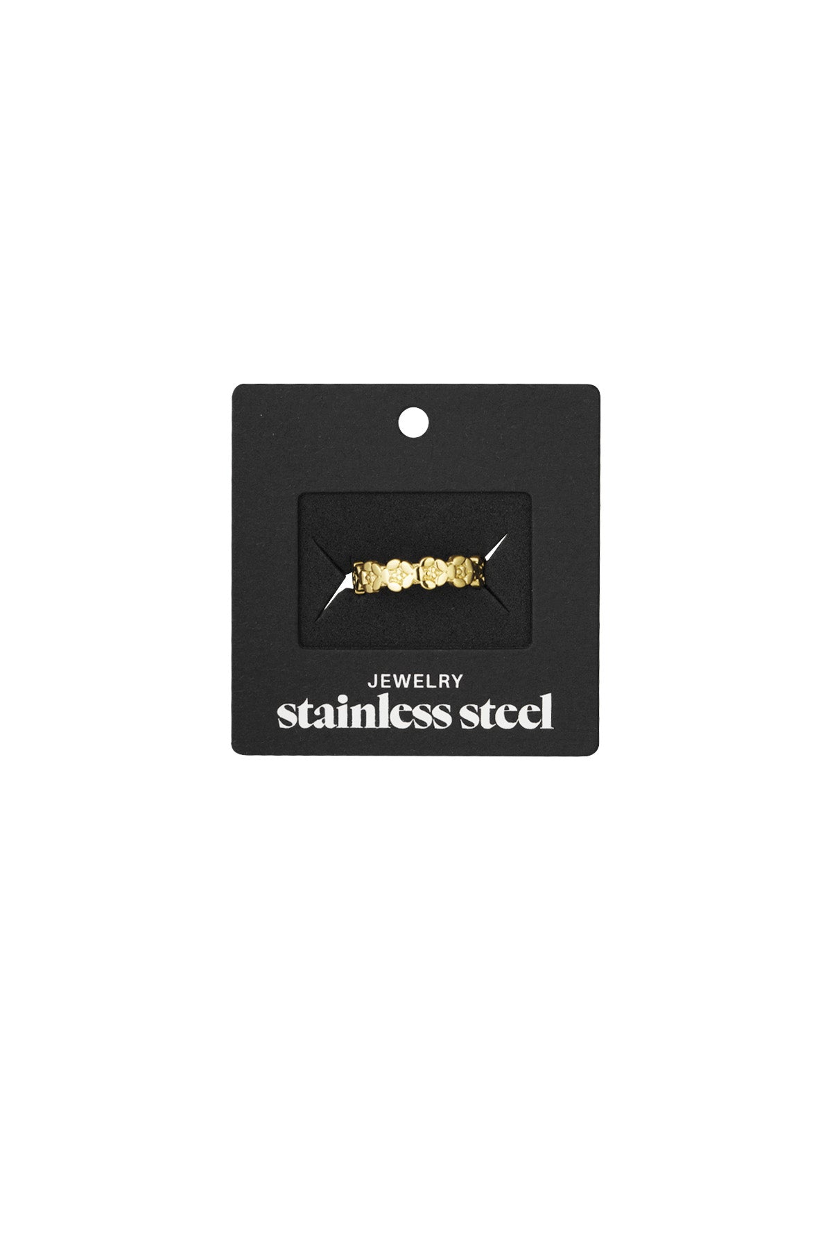 Gold floral open band ring displayed in black packaging labeled 'stainless steel jewelry'