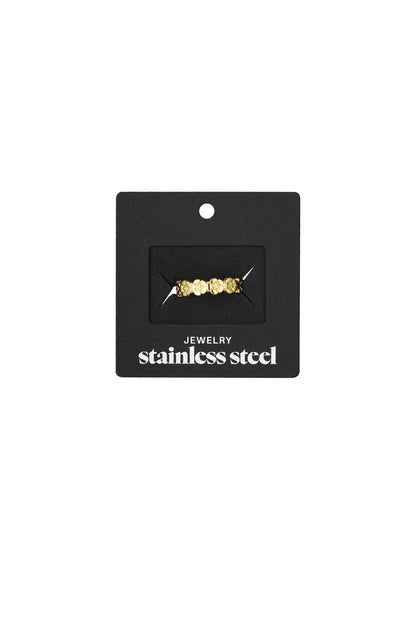 Gold floral open band ring displayed in black packaging labeled 'stainless steel jewelry'
