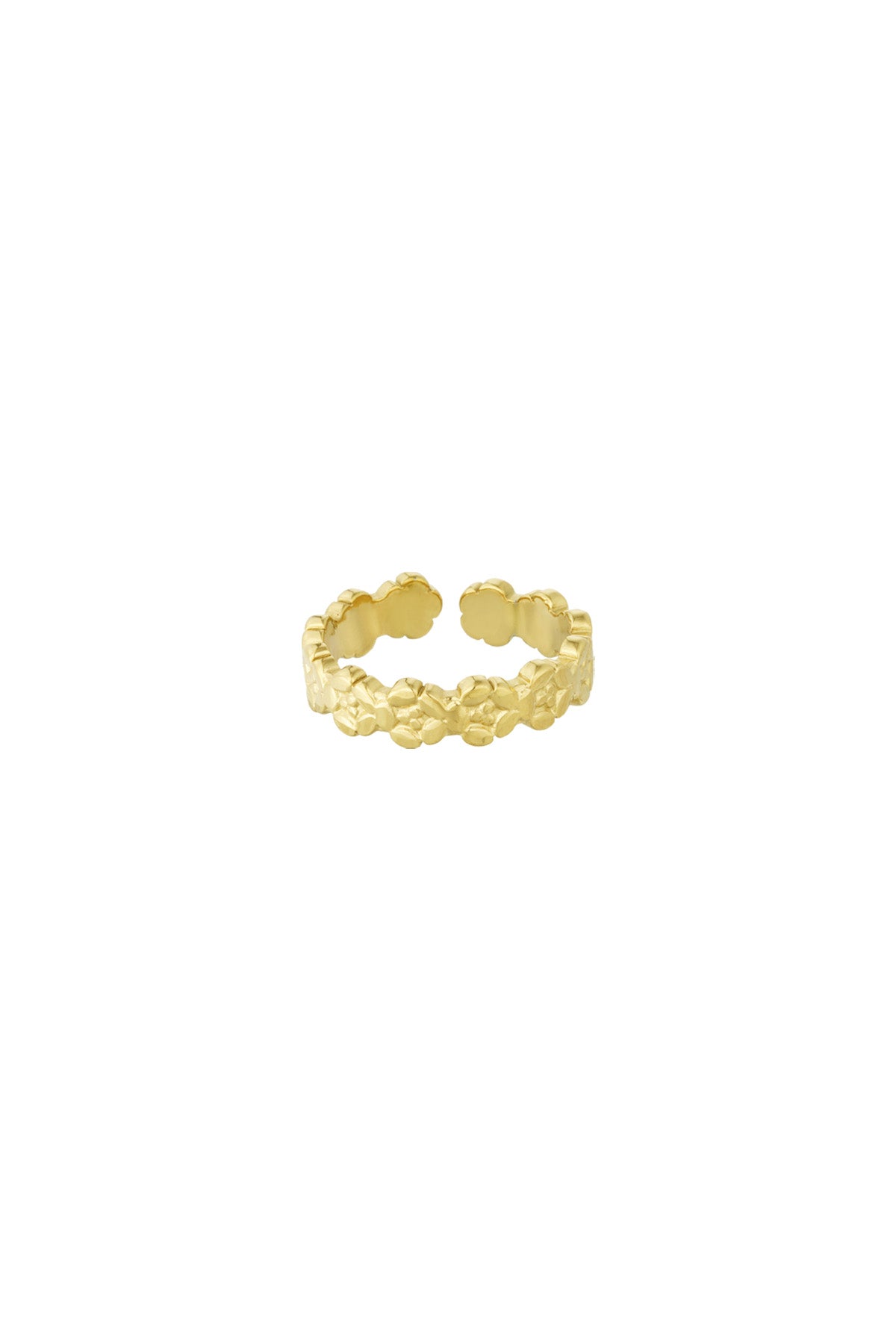 Close-up image of a gold open band ring featuring a delicate embossed floral pattern on a white background