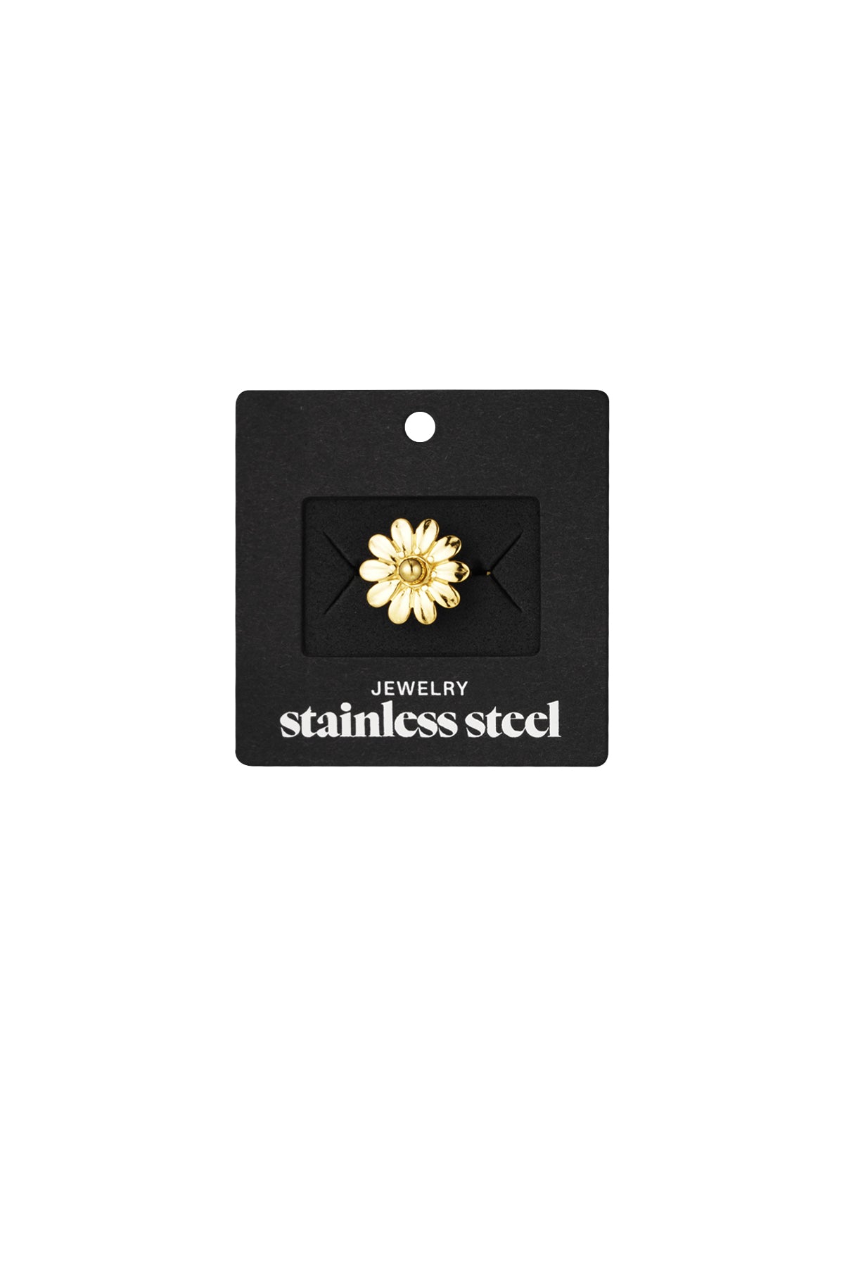 Gold daisy flower ring attached to a black display card labeled 'stainless steel jewelry'