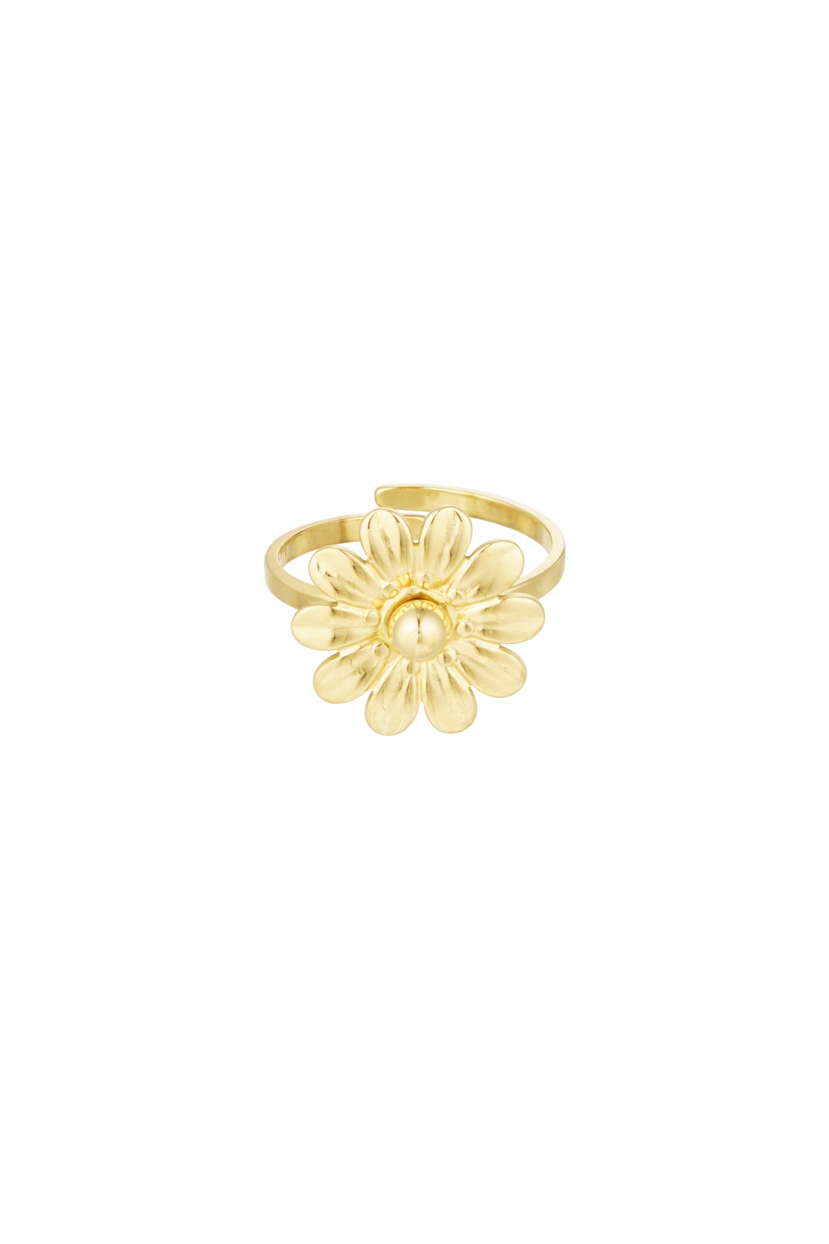Close-up of a gold adjustable ring with a detailed daisy flower on white background
