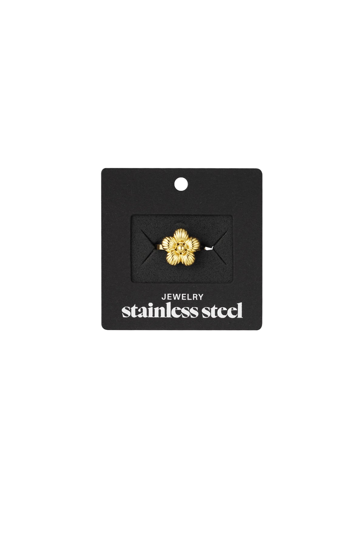 Gold floral ring displayed on black packaging card labeled 'stainless steel jewelry'