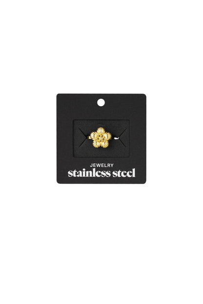Gold floral ring displayed on black packaging card labeled 'stainless steel jewelry'