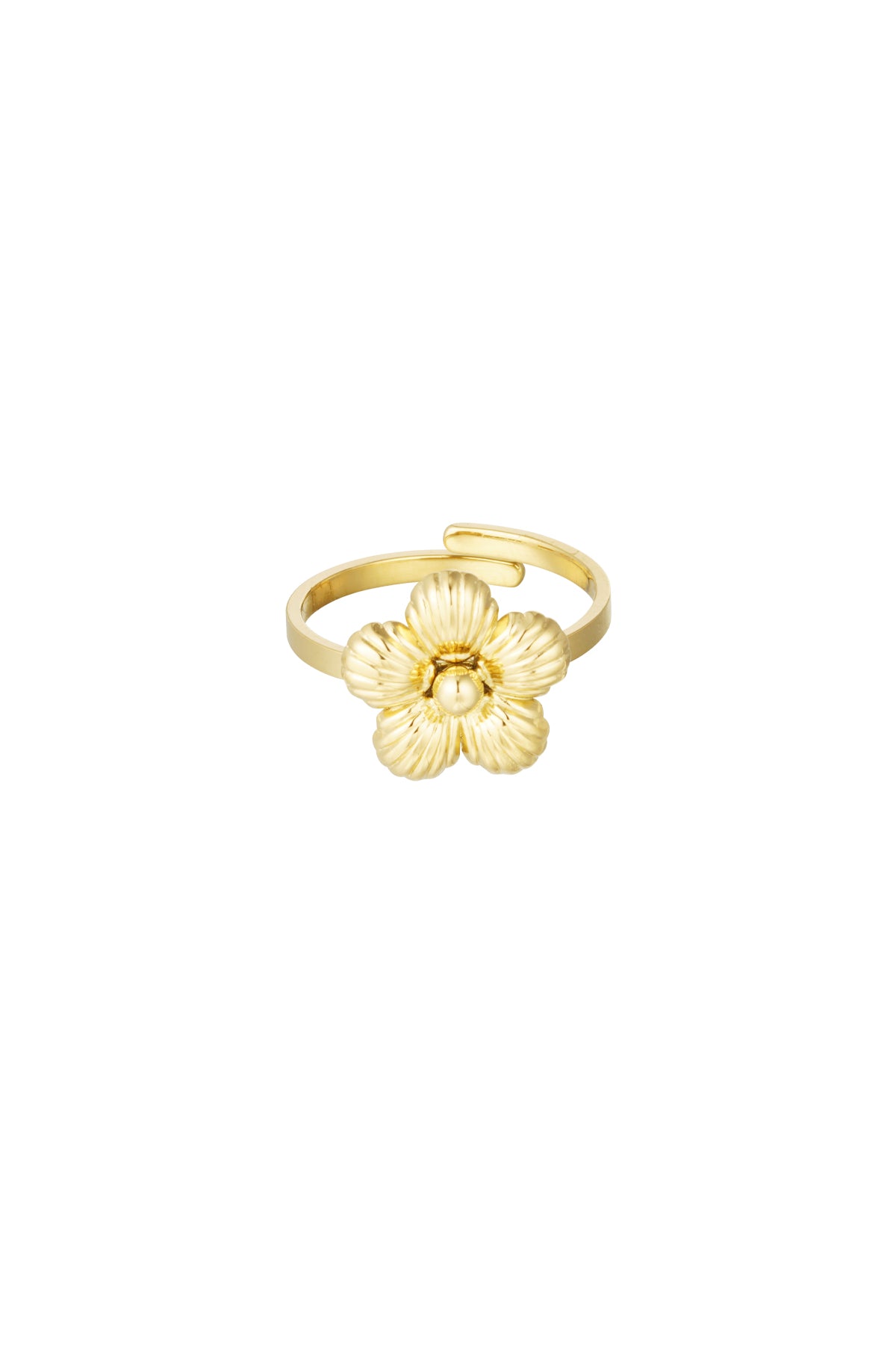 Gold statement ring with detailed floral design on a white background
