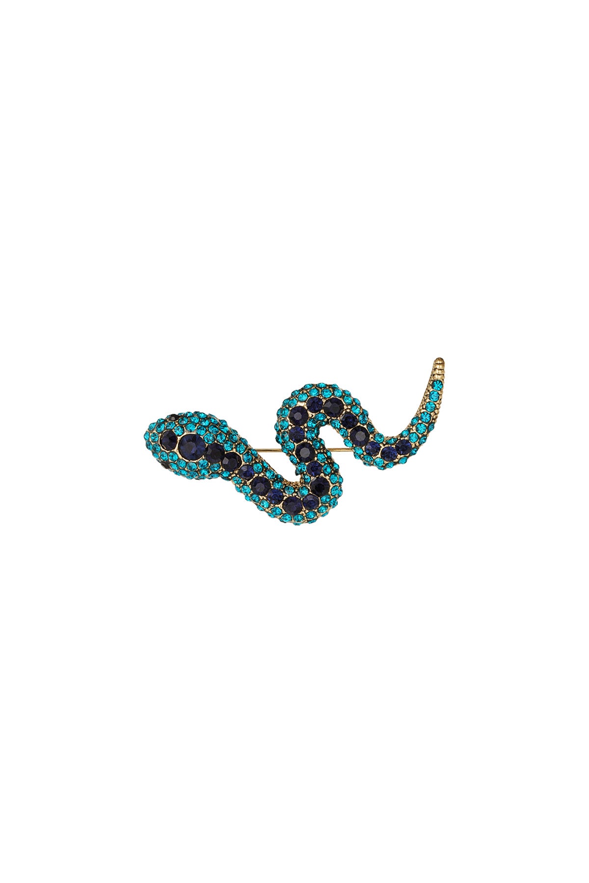 Snake-shaped brooch encrusted with bright blue and turquoise crystals on a white background