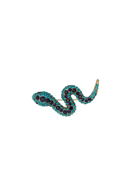 Snake-shaped brooch encrusted with bright blue and turquoise crystals on a white background