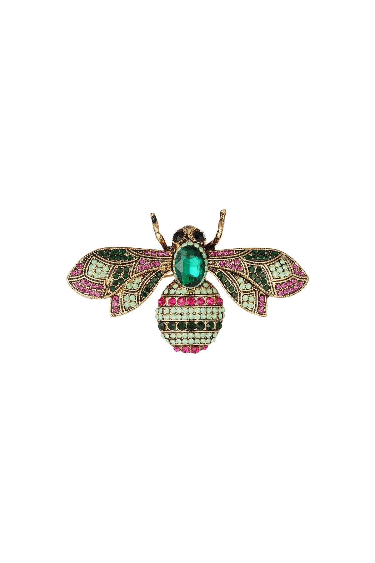 Close-up of a colorful bee brooch with green, pink, and seafoam rhinestones on an alloy base