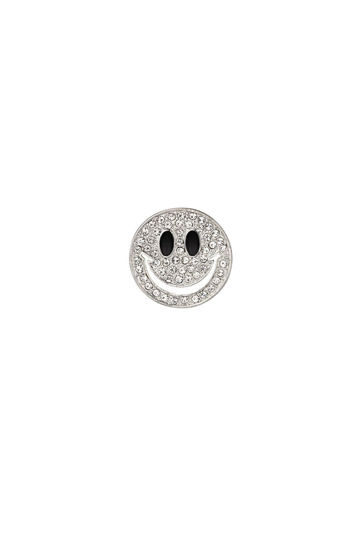Close-up of a silver-tone smiley face brooch adorned with clear crystals and black enamel eyes on a white background