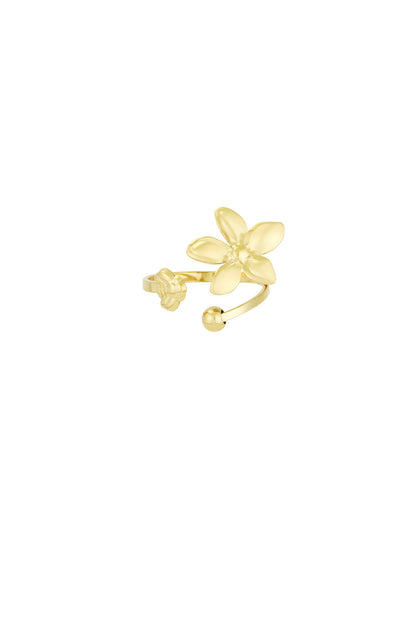 Gold-tone adjustable ring with two flower accents and a polished ball detail on a white background