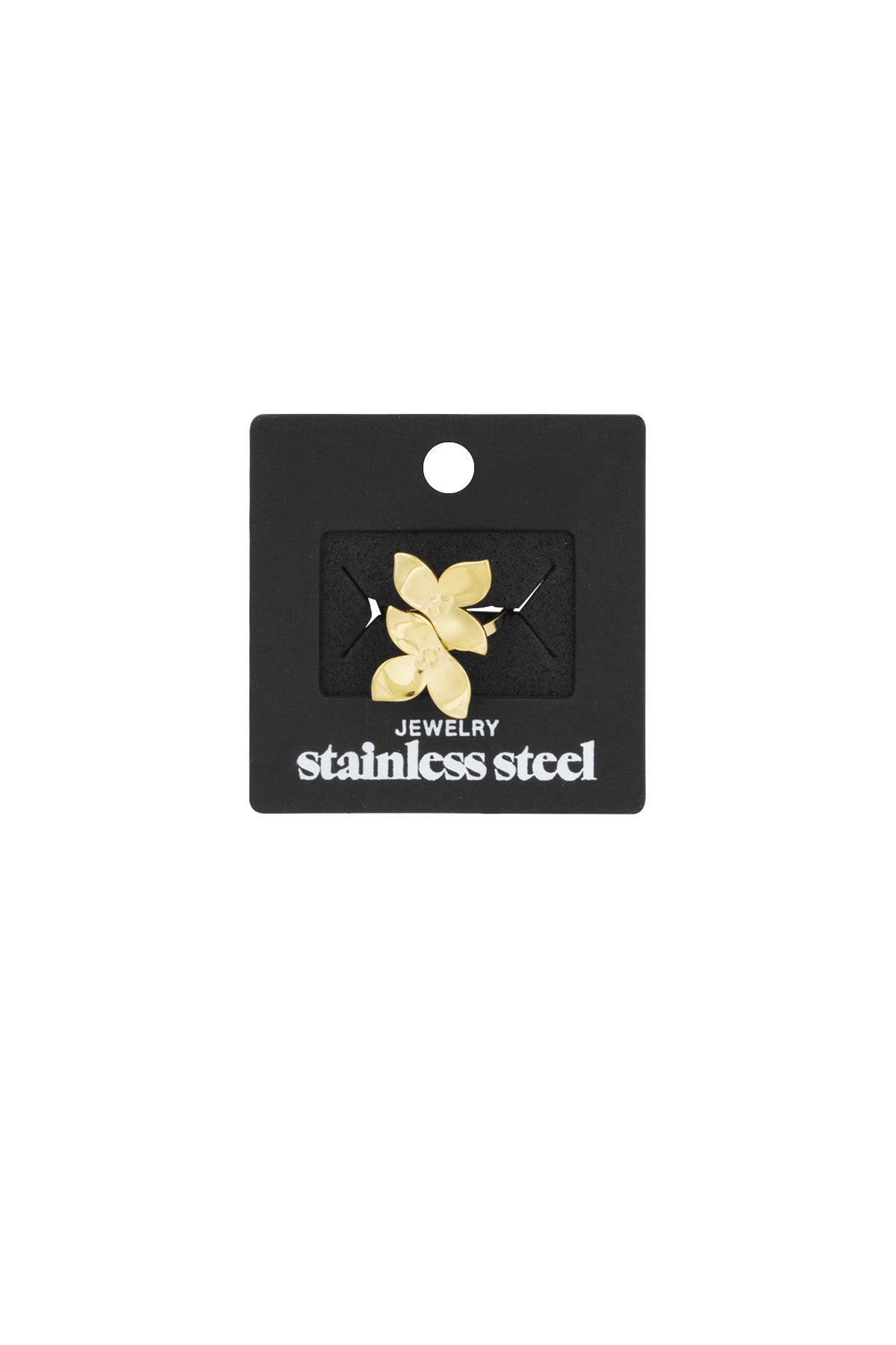 Gold double flower ring displayed on black packaging card labeled stainless steel jewelry