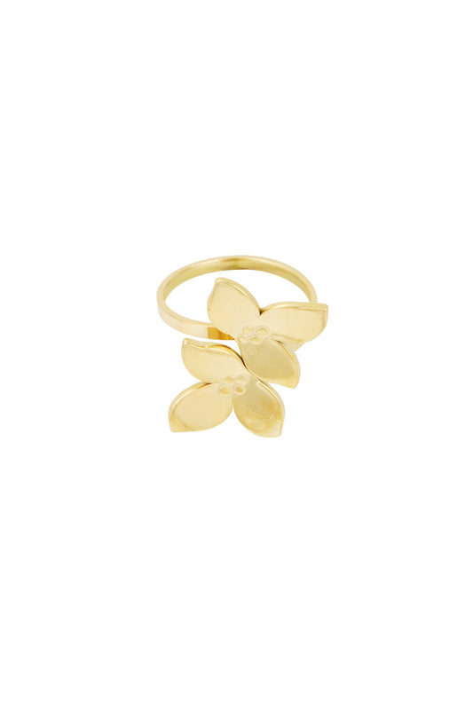 Gold double flower stainless steel ring on white background