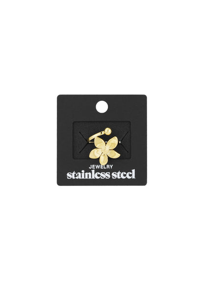 Gold flower statement ring displayed on black packaging labeled 'stainless steel jewelry'