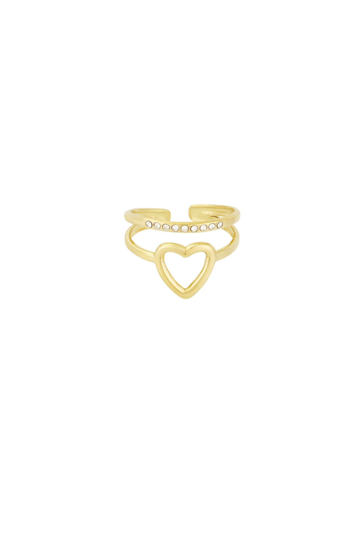 Gold-tone ring featuring an open heart design paired with a rhinestone-studded band on a white background