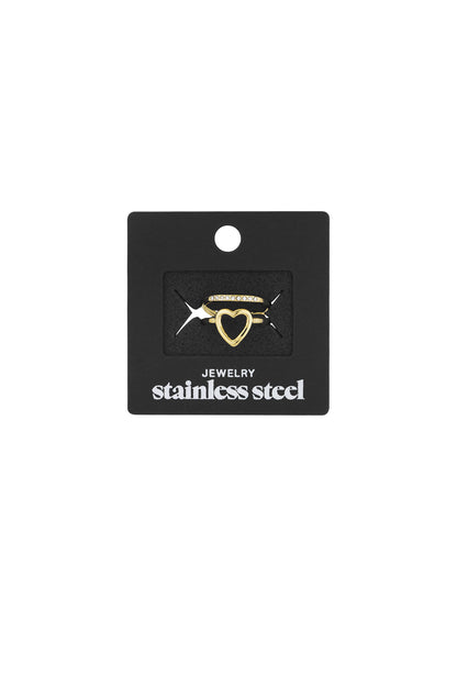 Gold heart and rhinestone accent rings displayed on a black card labeled 'stainless steel jewelry'