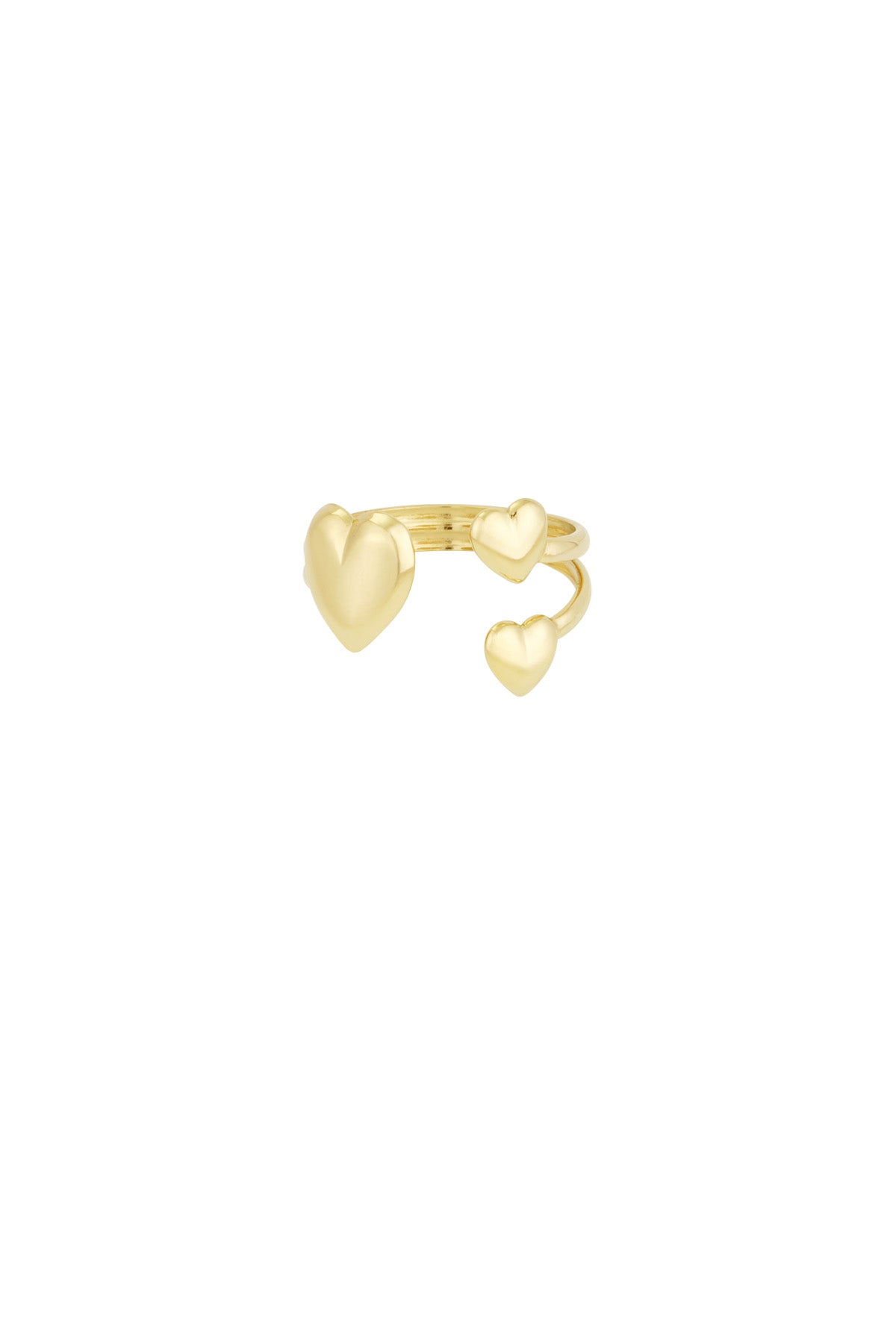 Gold-tone trio heart open ring with three heart shapes wrapped around finger