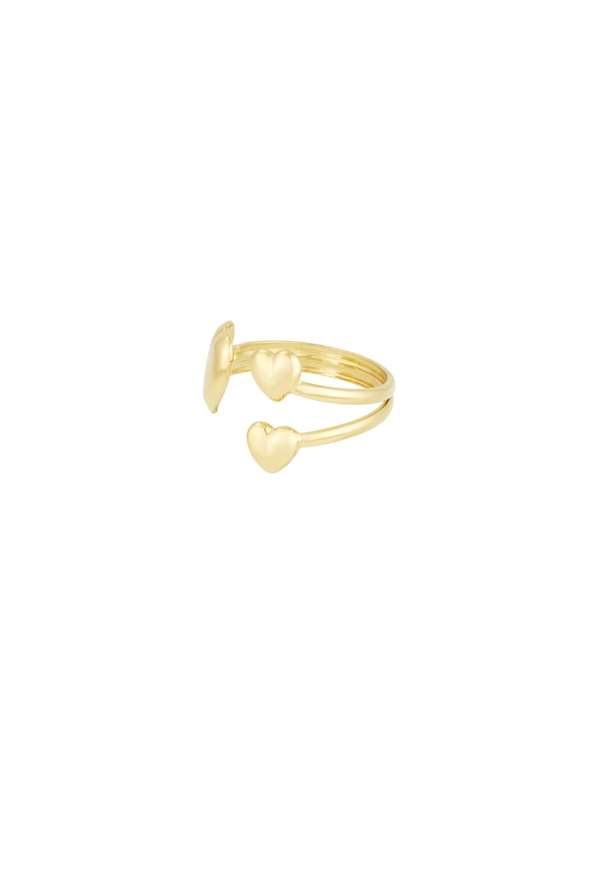 Side view of gold-tone trio heart open ring displaying three heart motifs and open adjustable band