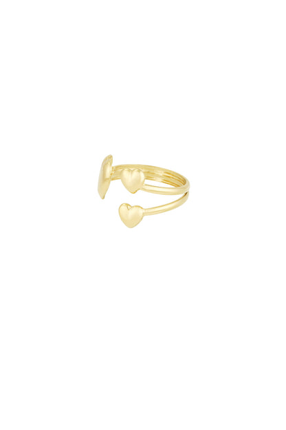 Side view of gold-tone trio heart open ring displaying three heart motifs and open adjustable band