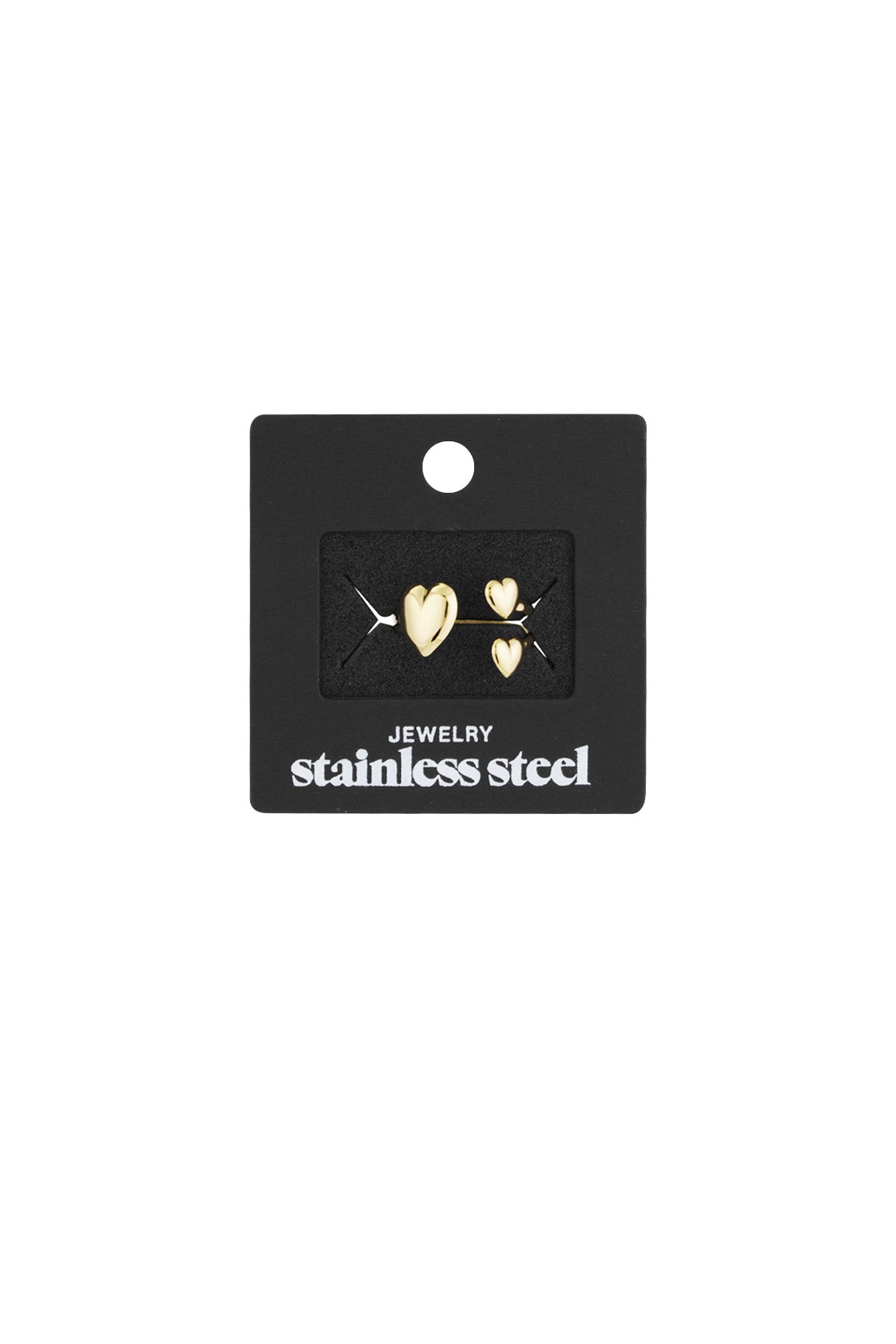 Packaging card displaying gold-tone trio heart open ring attached on black box with stainless steel label