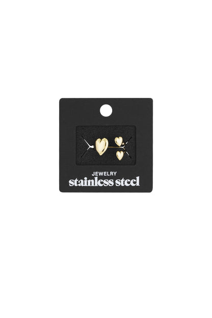 Packaging card displaying gold-tone trio heart open ring attached on black box with stainless steel label