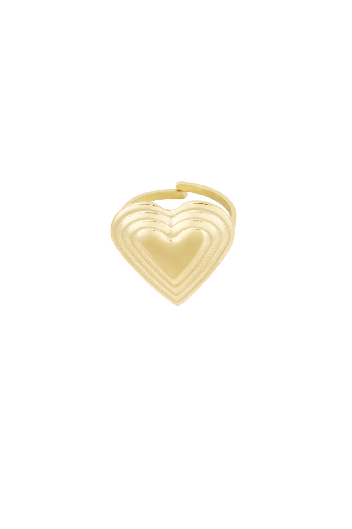 Close-up of a gold-toned stainless steel ring with a layered heart design on white background