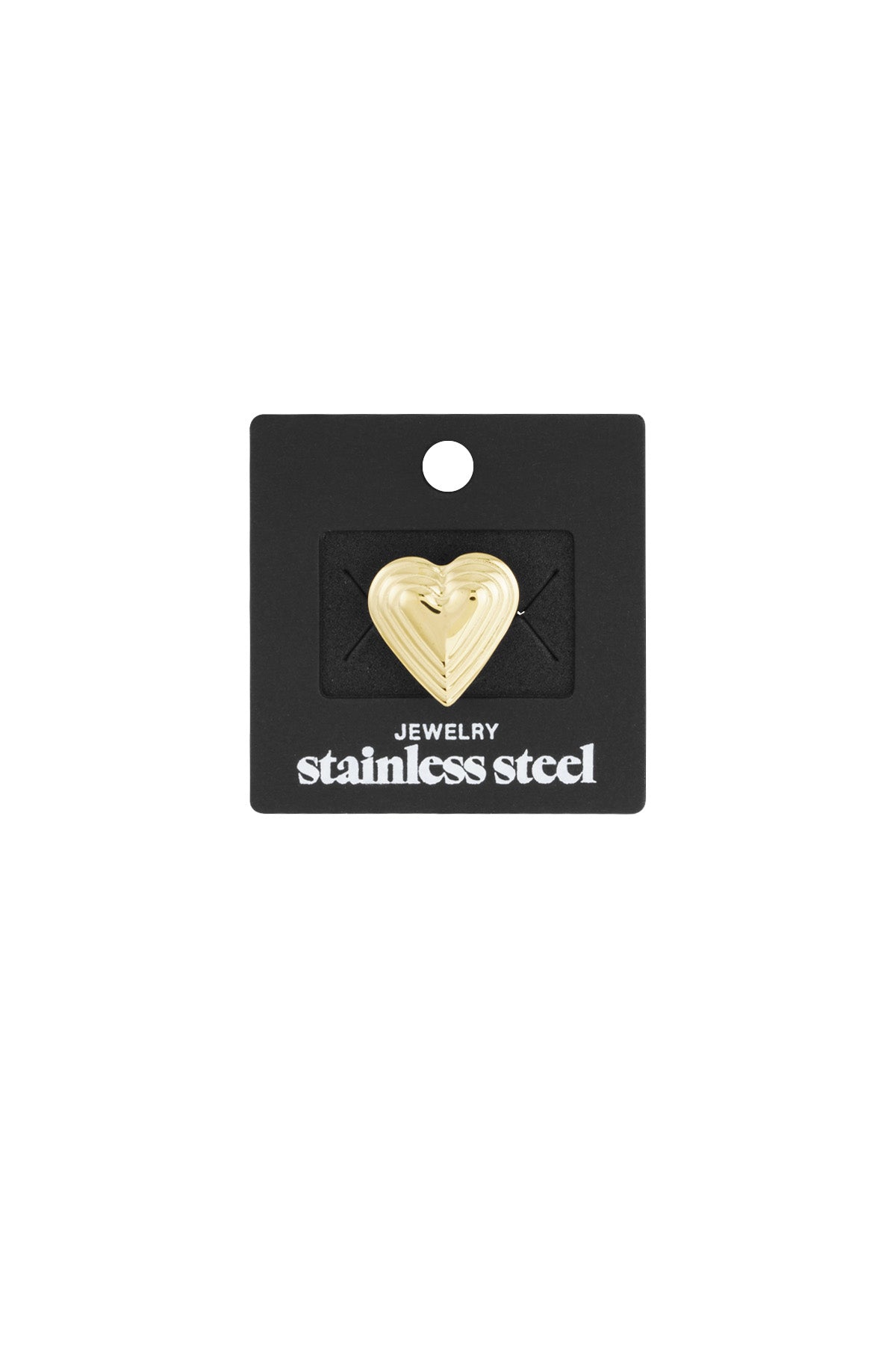 Gold-toned layered heart ring displayed on a black jewelry card with 'stainless steel' branding
