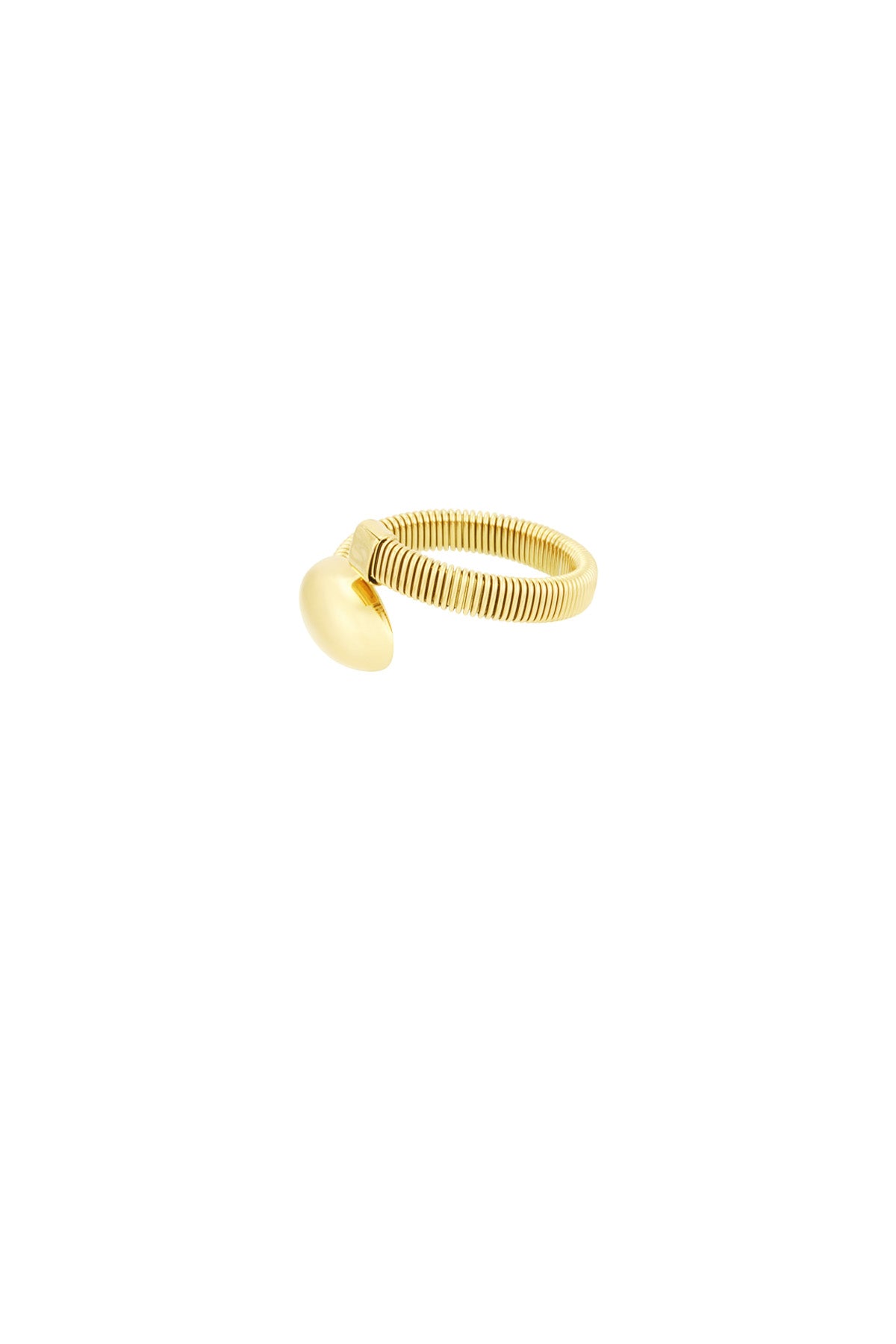 Alternate angle of the gold coil ring showing its open design and shiny finish on white background