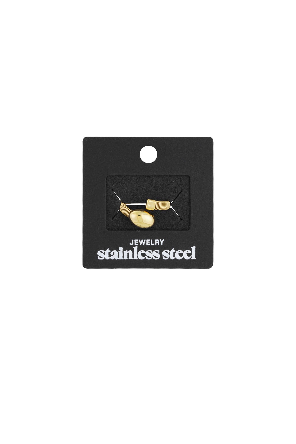 Gold coil ring displayed attached to a black jewelry card reading 'stainless steel'