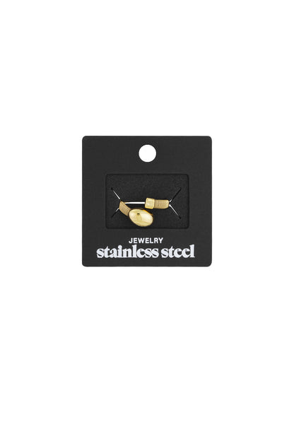 Gold coil ring displayed attached to a black jewelry card reading 'stainless steel'