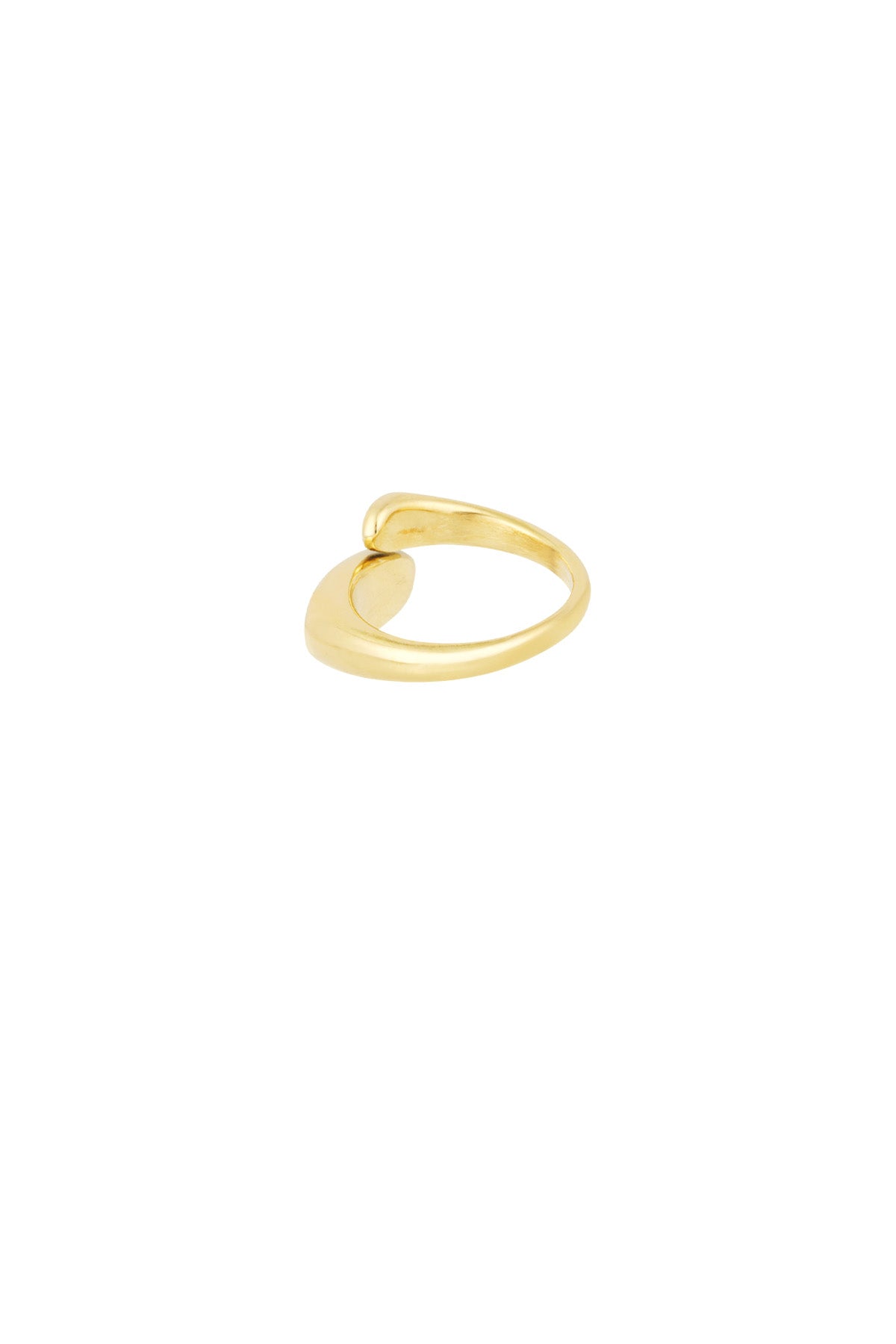 Side angle of gold-toned sculptural open ring showing smooth rounded design on white background