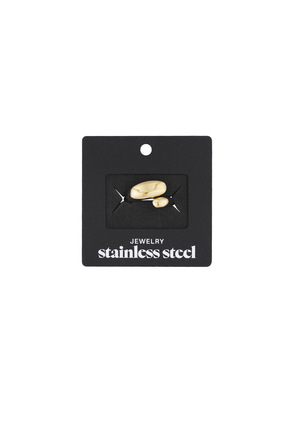 Packaging card featuring gold-toned sculptural open ring displayed on black cardboard labeled stainless steel jewelry