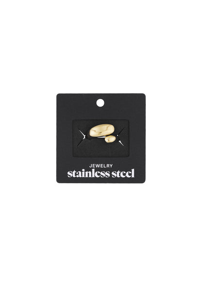 Packaging card featuring gold-toned sculptural open ring displayed on black cardboard labeled stainless steel jewelry