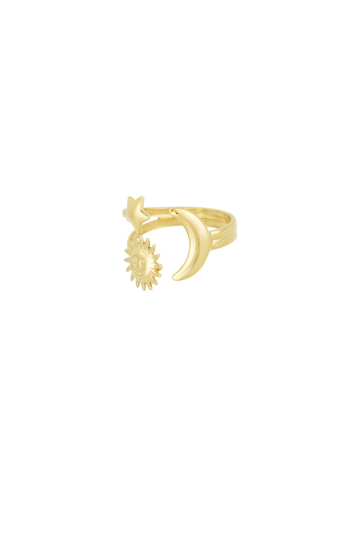 Angled side view of gold celestial star, moon, and sun ring on white background