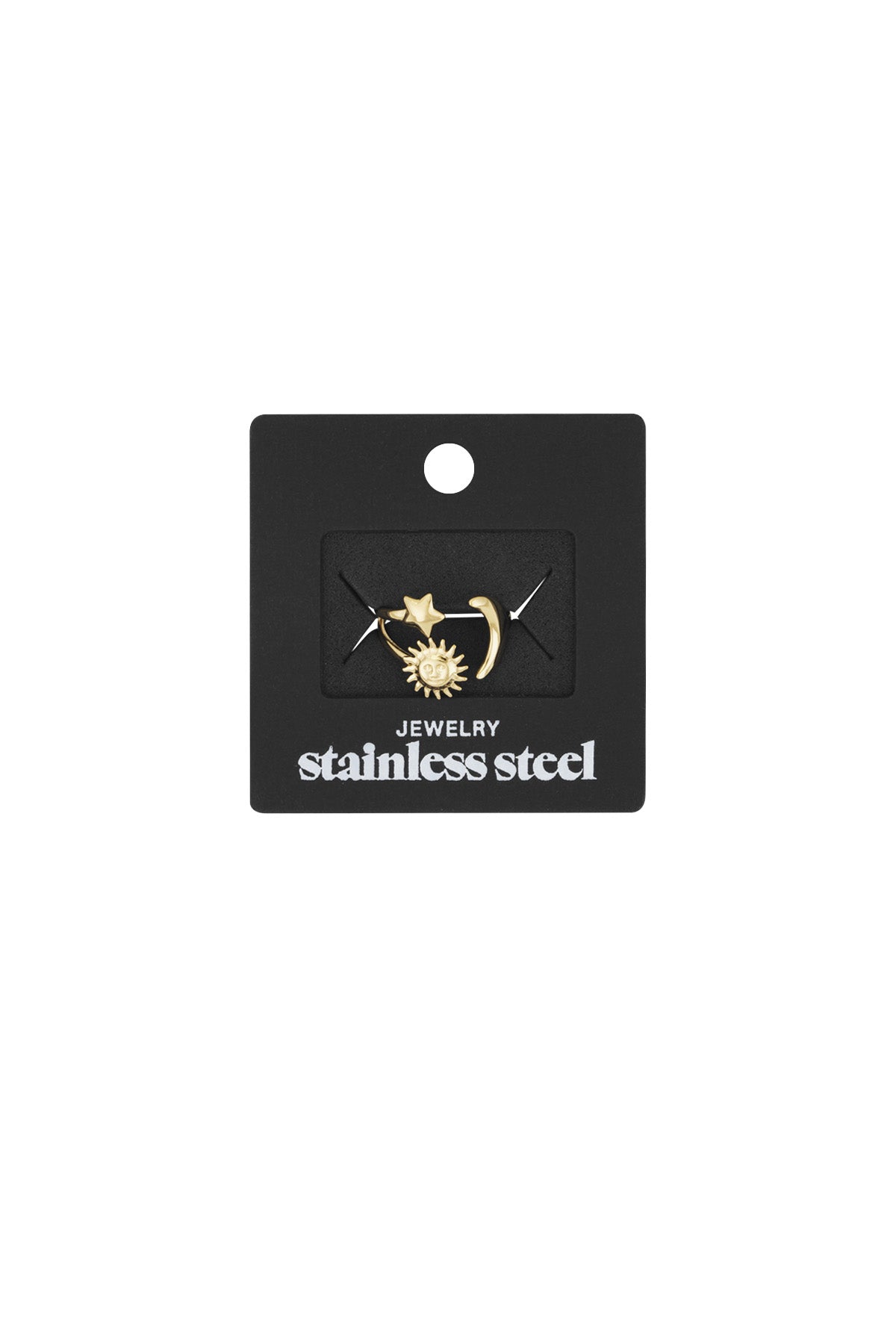 Celestial ring set pinned on black packaging card labeled 'stainless steel jewelry', showing star, moon, sun gold-toned charms