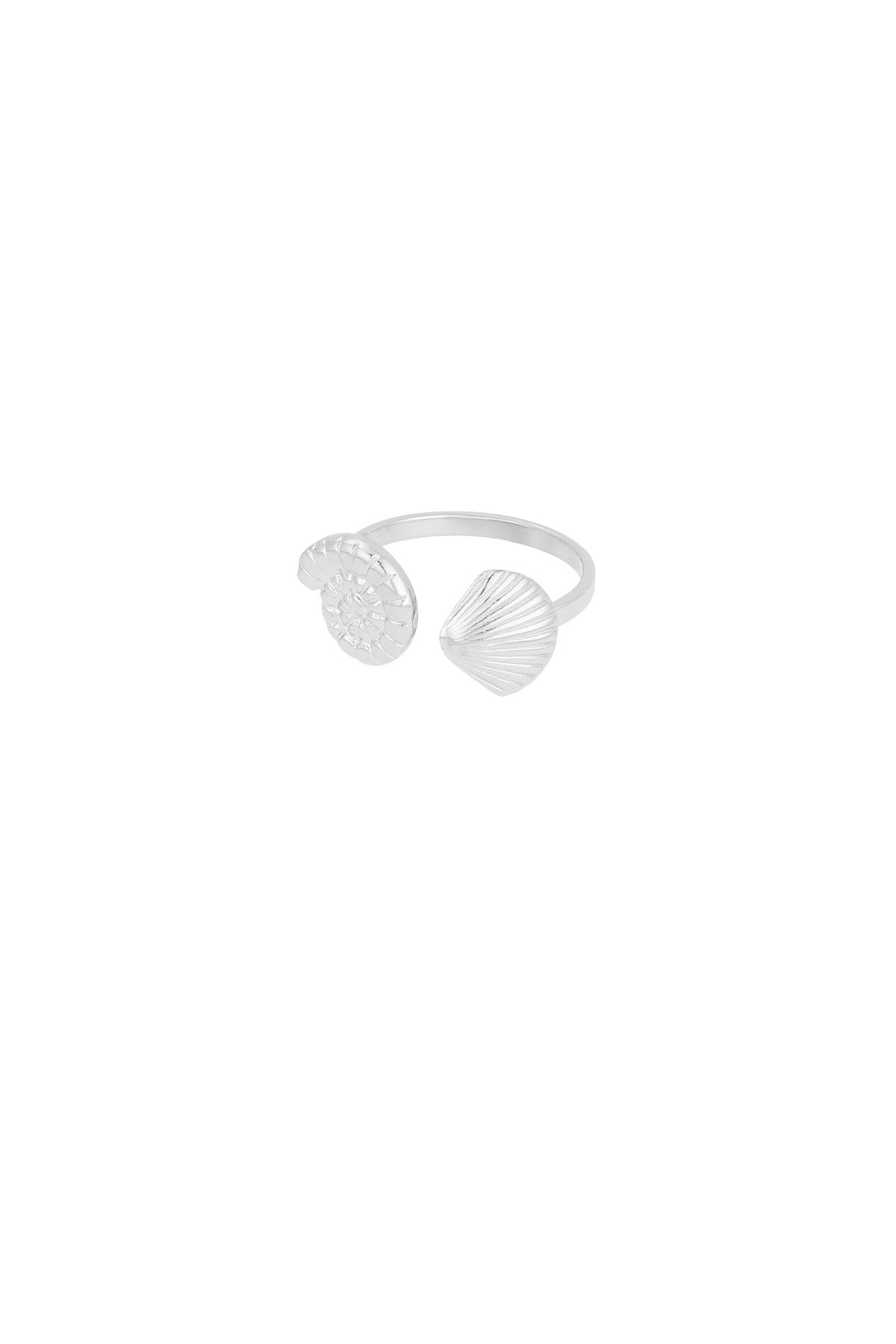 Silver open ring with detailed seashell and spiral shell motifs on white background