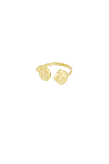Gold open ring with detailed seashell and spiral shell motifs on white background